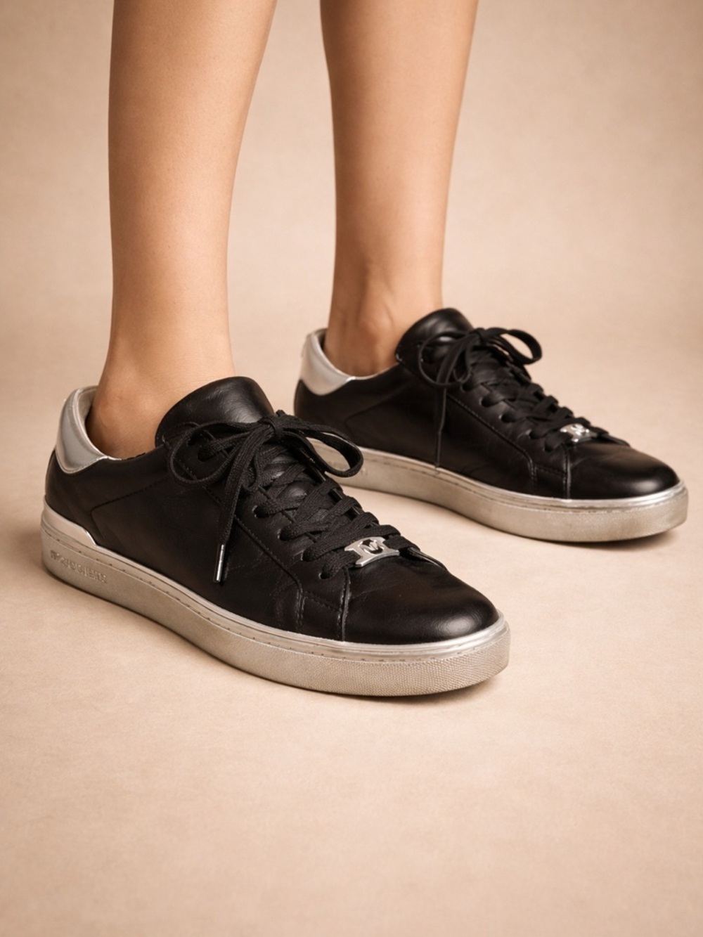 Michael Kors Black Leather Sneakers Silver Accent Women’s 6.5 Designer Casual